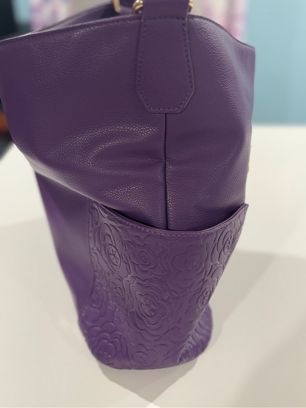 Purple Shoulder Bag with Embossed Floral Side Panels - Picture 3 of 7
